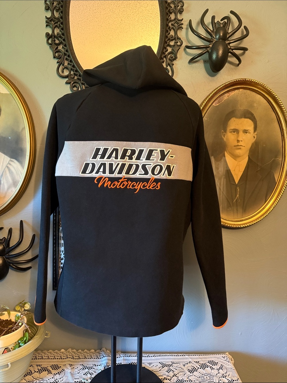 Harley-Davidson Black Hoodie with gray Panel and Orange embroidered